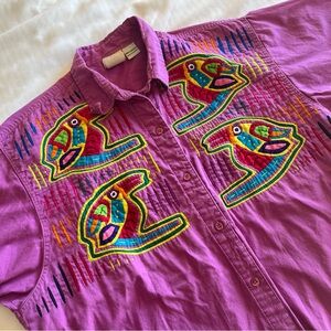 Vintage My Name Is Panama Womens XL Purple Button Up Embroidered Birds Tropical
